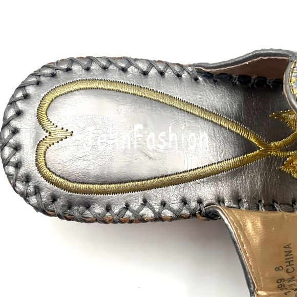 John Fashion Silver Embroidered Beaded Floral Boho Cork Wedge Sandals Size 8 - Picture 11 of 11